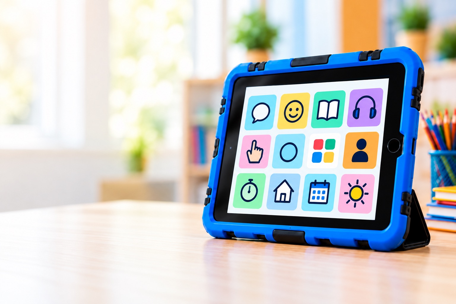 Tablet in a durable protective case used for everyday device support