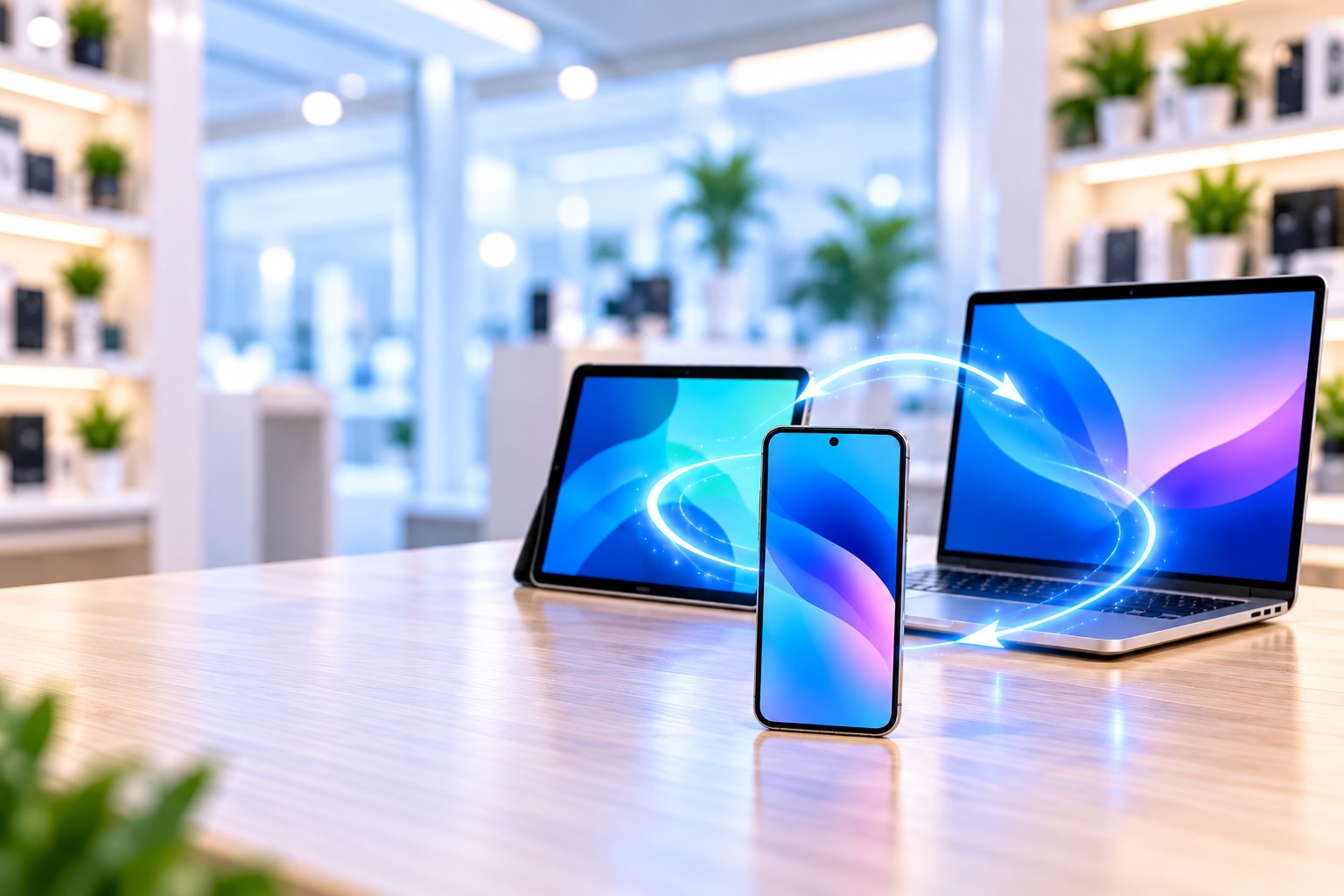 Phone, tablet and laptop prepared for a data transfer service