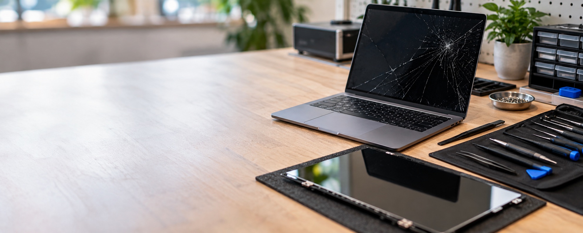 Laptop with screen damage and replacement panel on a professional repair bench