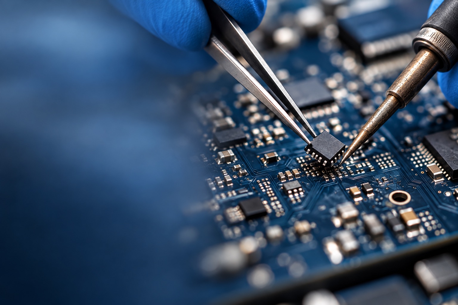 Close-up microsoldering work on an electronic mainboard