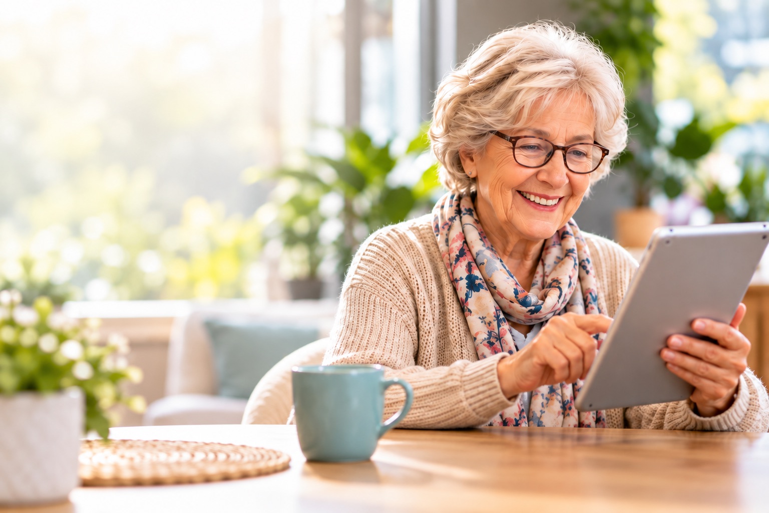 Senior using a tablet during one-to-one technology support